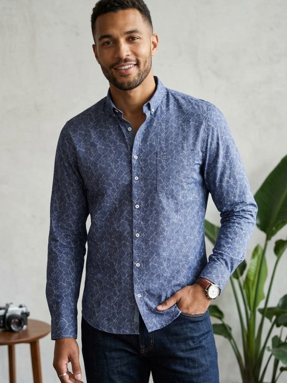 Original Penguin Men's Blue Geometric Palm Leaf Print Shirt 17.5x36/37 slim 1843